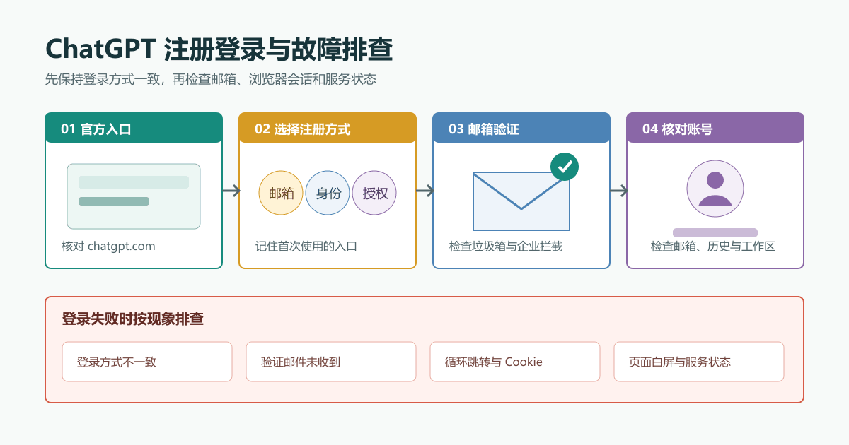 ChatGPT注册登录流程图，依次展示官方入口、注册方式、邮箱验证、账号核对和四类登录故障